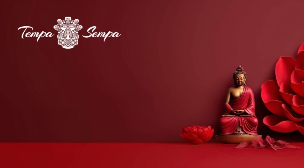un fondo rojo con una estatuilla de Buda